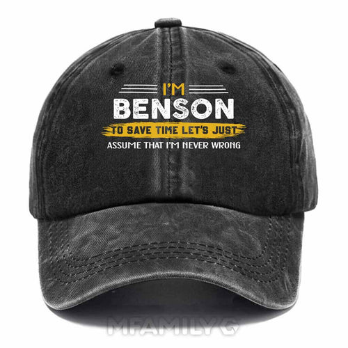 "Benson Never Wrong" Personalized Washed Baseball Cap