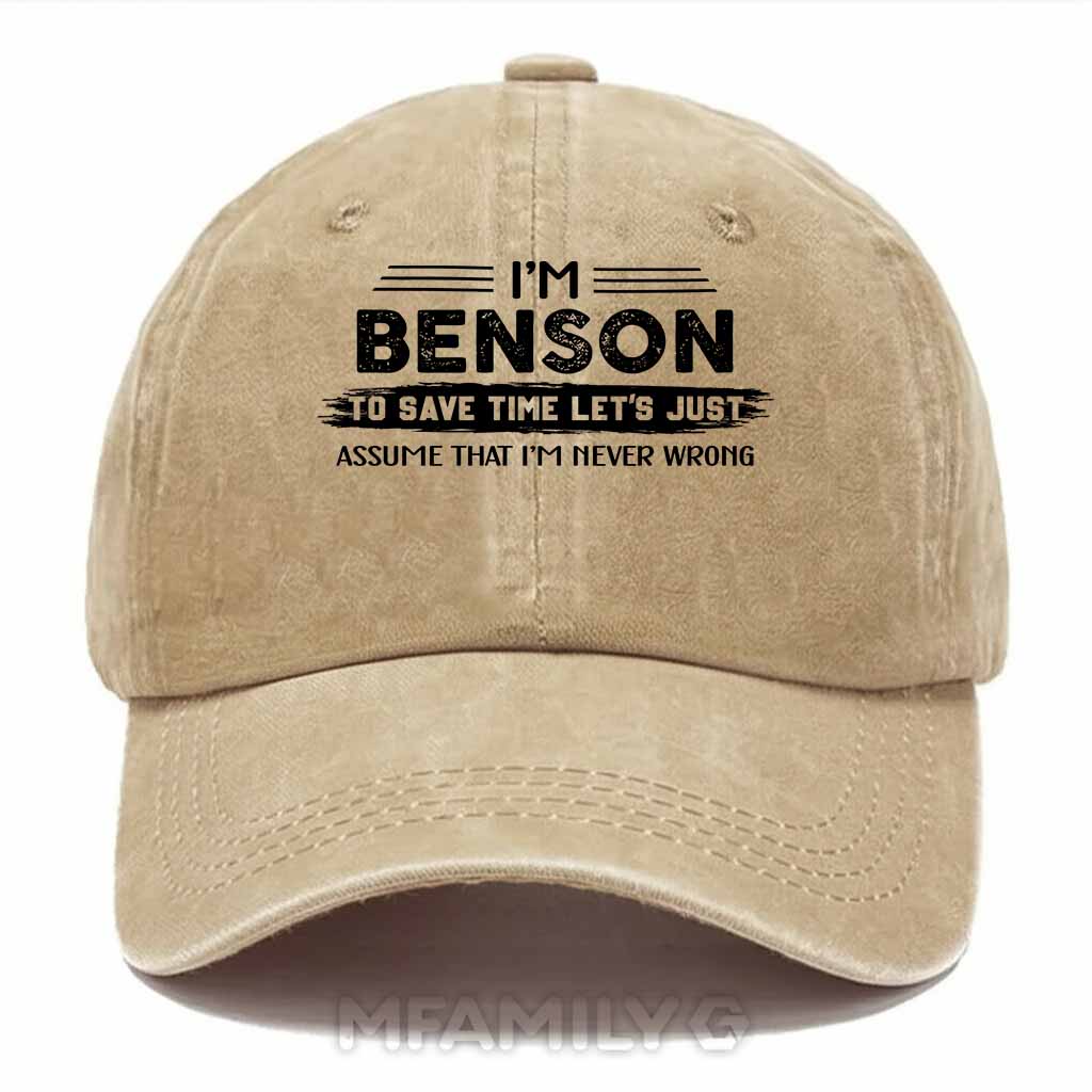 "Benson Never Wrong" Personalized Washed Baseball Cap