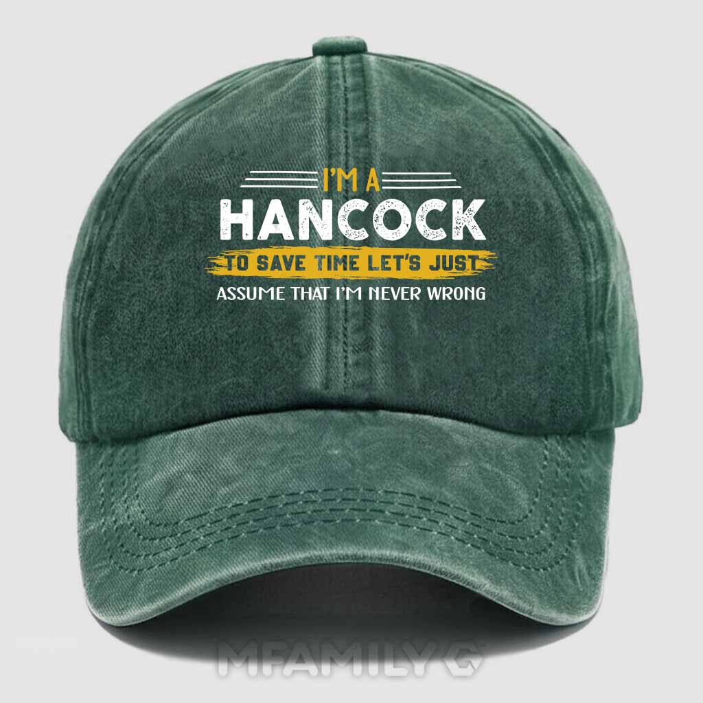 Personalized "Hancock Never Wrong" Washed Baseball Cap