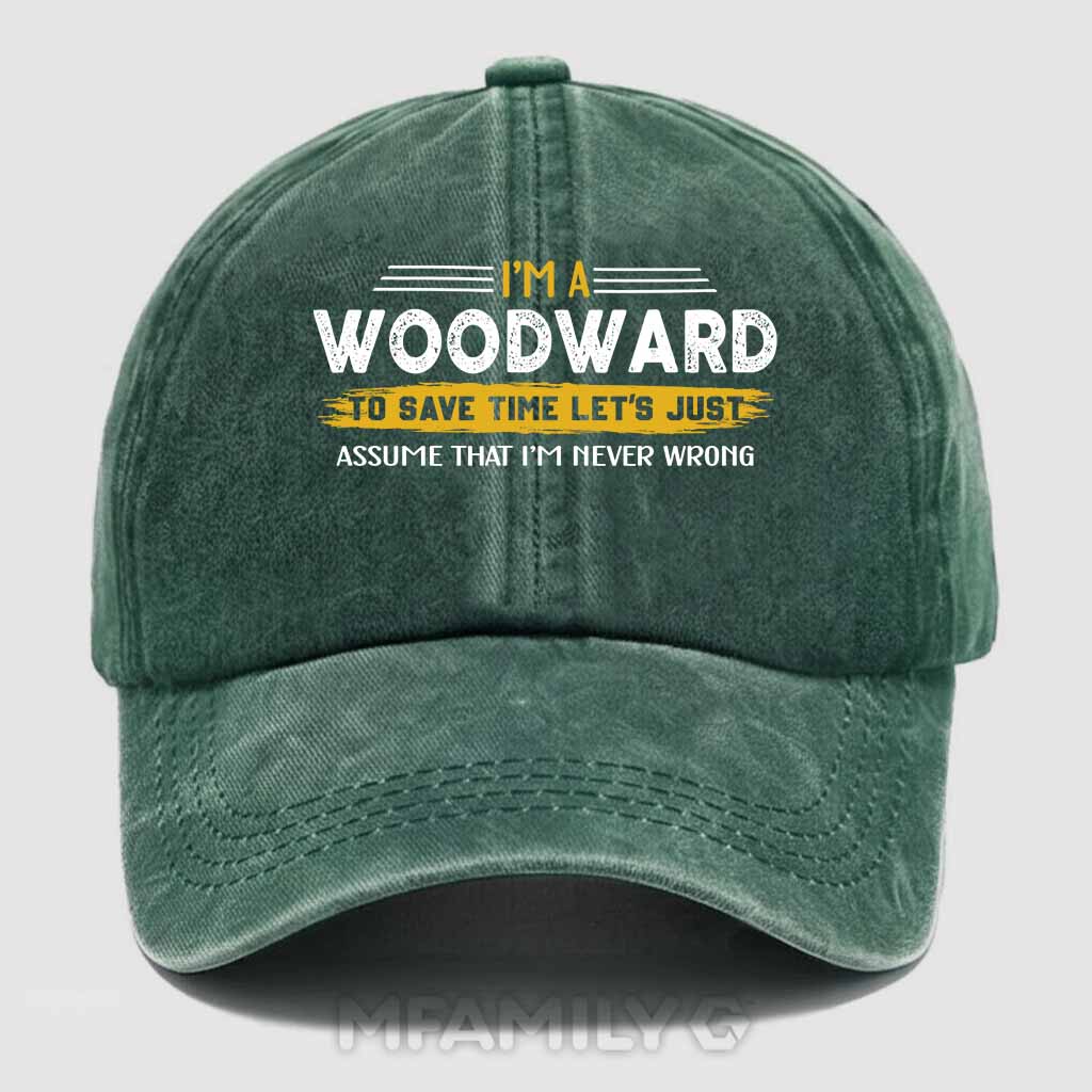 Personalized Woodward "Never Wrong" Washed Baseball Cap
